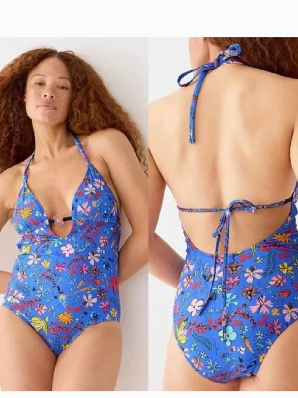 Dauphinette J Crew Plunge One Piece Swimsuit Blue Cornucopia Floral Plus Size 22